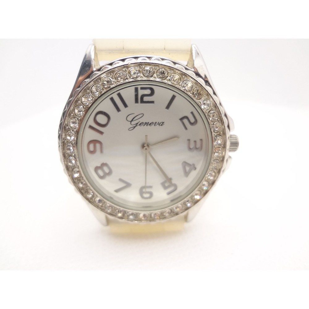 Geneva 5573 Watch White Rhinestone Bezel Silicone Strap Quartz Sterling Silver